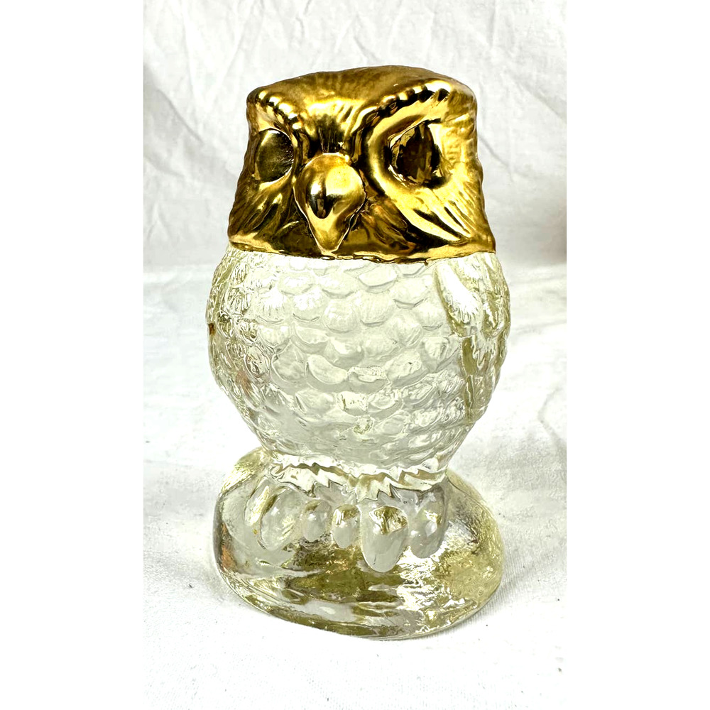 Glass Owl Paperweight figurine Gold Painted Head 3.75" Heavy
